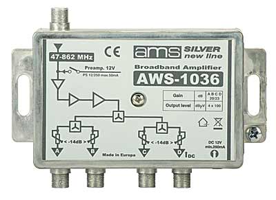 Wzmacniacz antenowy wewnętrzny AWS-1036 SilverLine 1-wejście, 4 wyjścia regulowane 